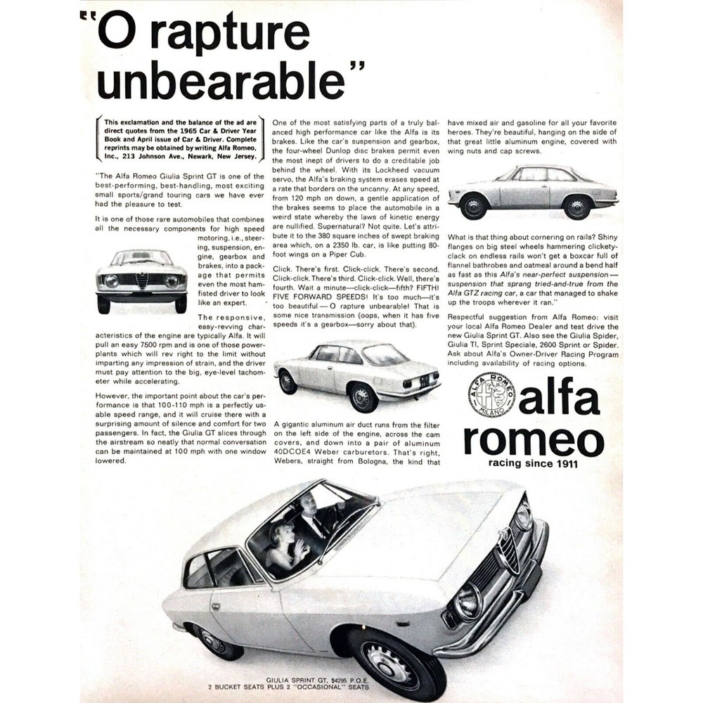 1965 Alfa Romeo Giulia Sprint GT Coupe photo "O Rapture Unbearable" print ad